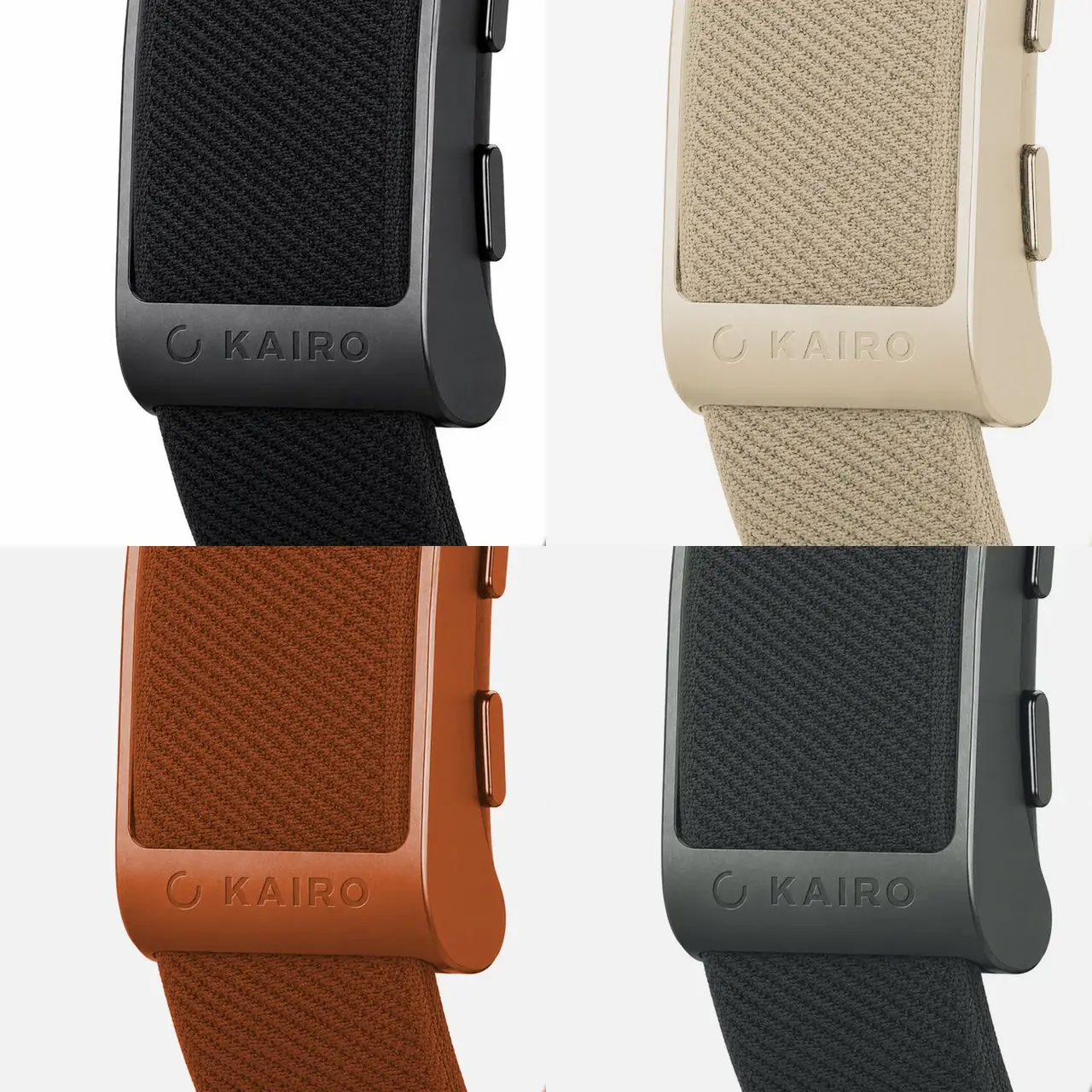 All four colours of the Kairo Band One — Onyx, Sand, Ember and Steel.