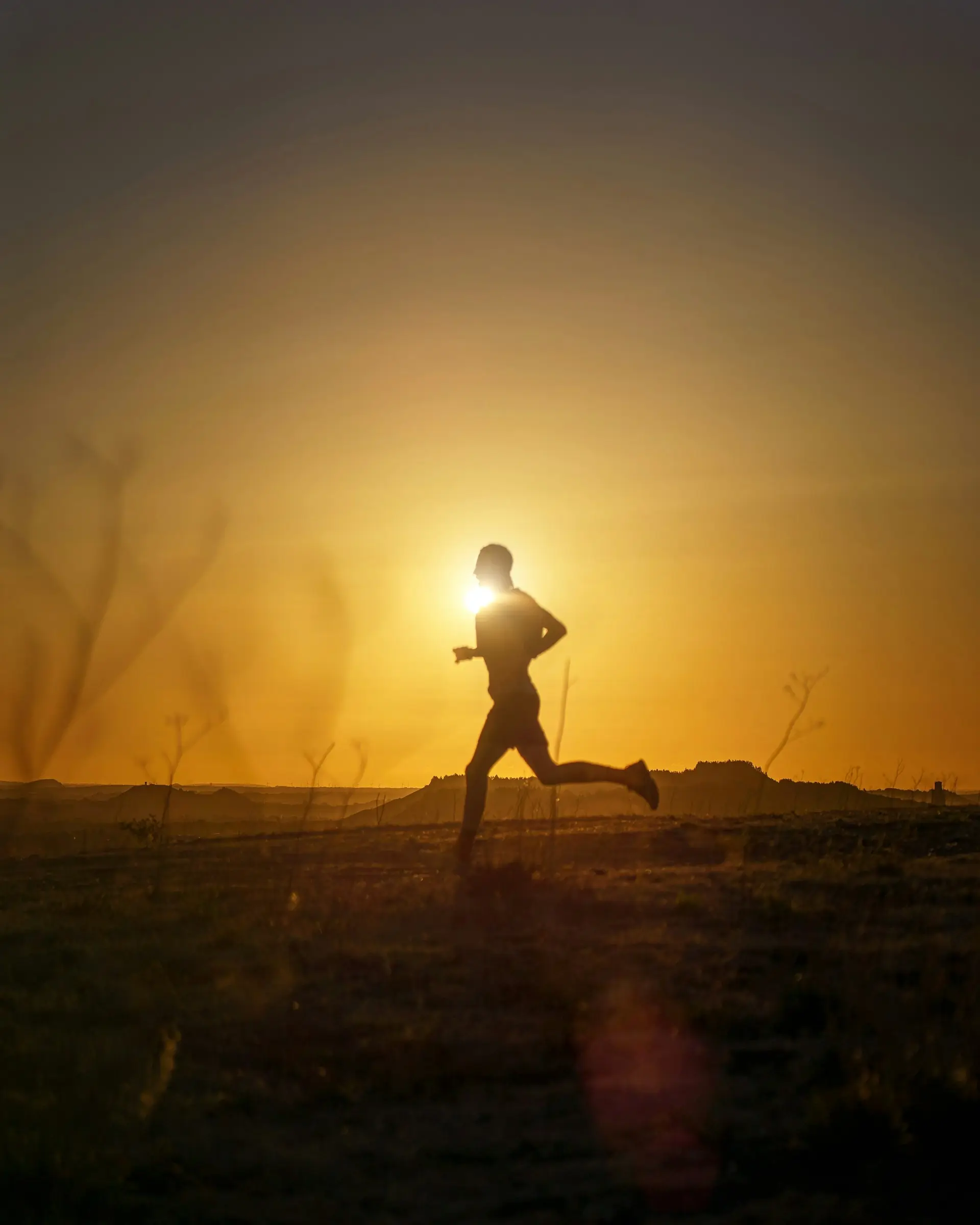 A runner crossing open veld at sunset, silhouetted against the light.